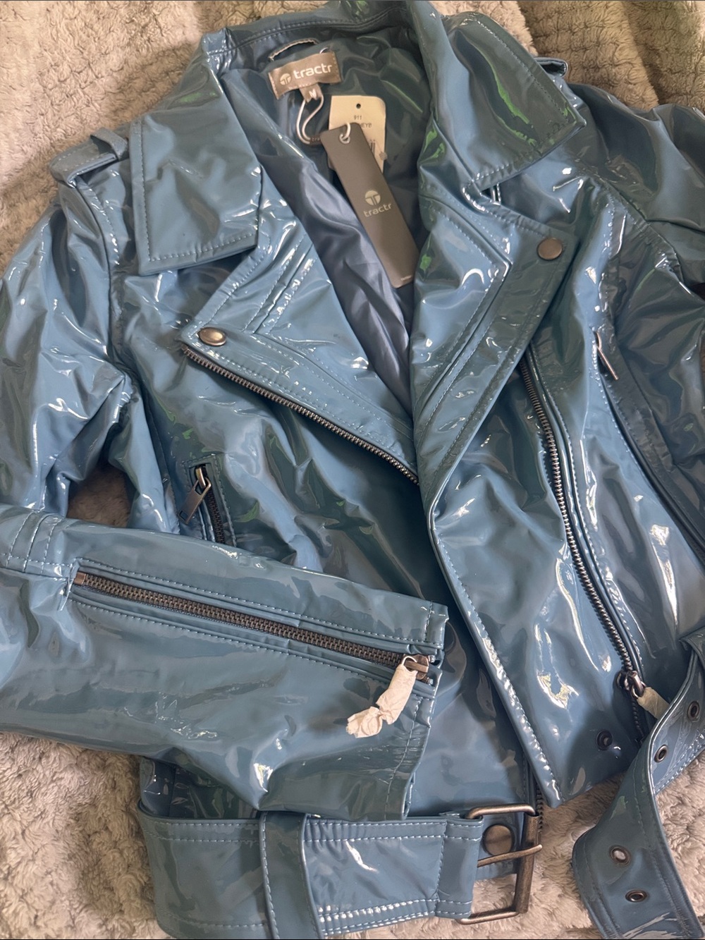 Tractr Glossy Slate Blue Patent Moto Jacket